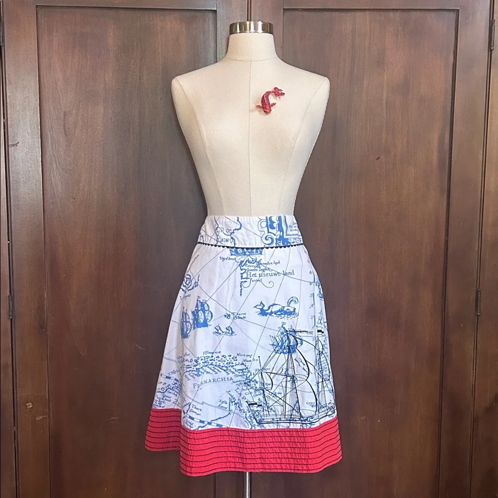 Y2K Seafarers Map Ship Embroidery Ric Rac Skirt 6P - Picture 12 of 14